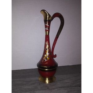Antique Brass Hand Painted Metal Pitcher Carafe Made in Israel